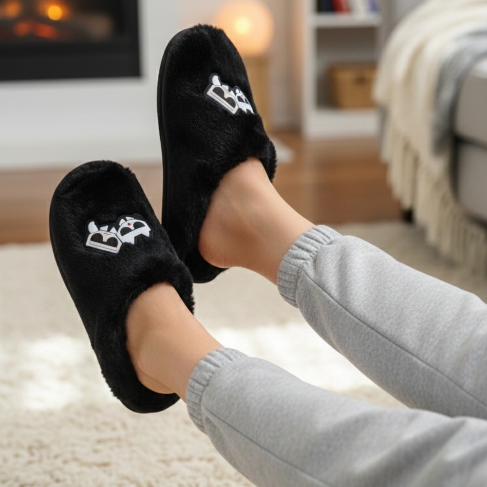Karl Lagerfeld Paris Women's Jazmira Black Faux Fur Brand Characters Slippers